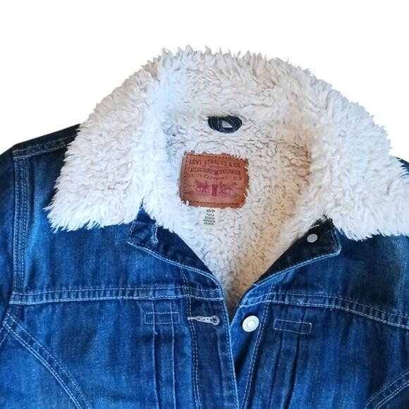 LEVI'S Denim Jacket Sherpa Woman's Sz XS Blue Short Cropped Fleece Jean Western - Picture 12 of 16